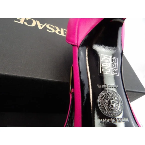 NIB VERSACE PINK LEATHER GOLD MEDUSA SANDALS 100 MM HEEL PUMPS 36.5 6.5 SPAIN - Picture 4 of 8